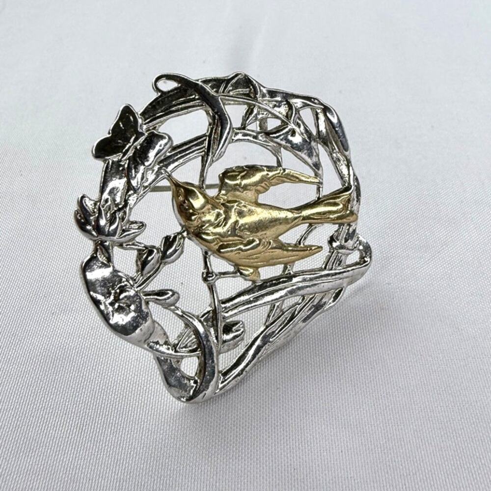 Vintage Jezlaine Sterling Silver Gold Swallow Brooch Art Nouveau Revival Pin 925